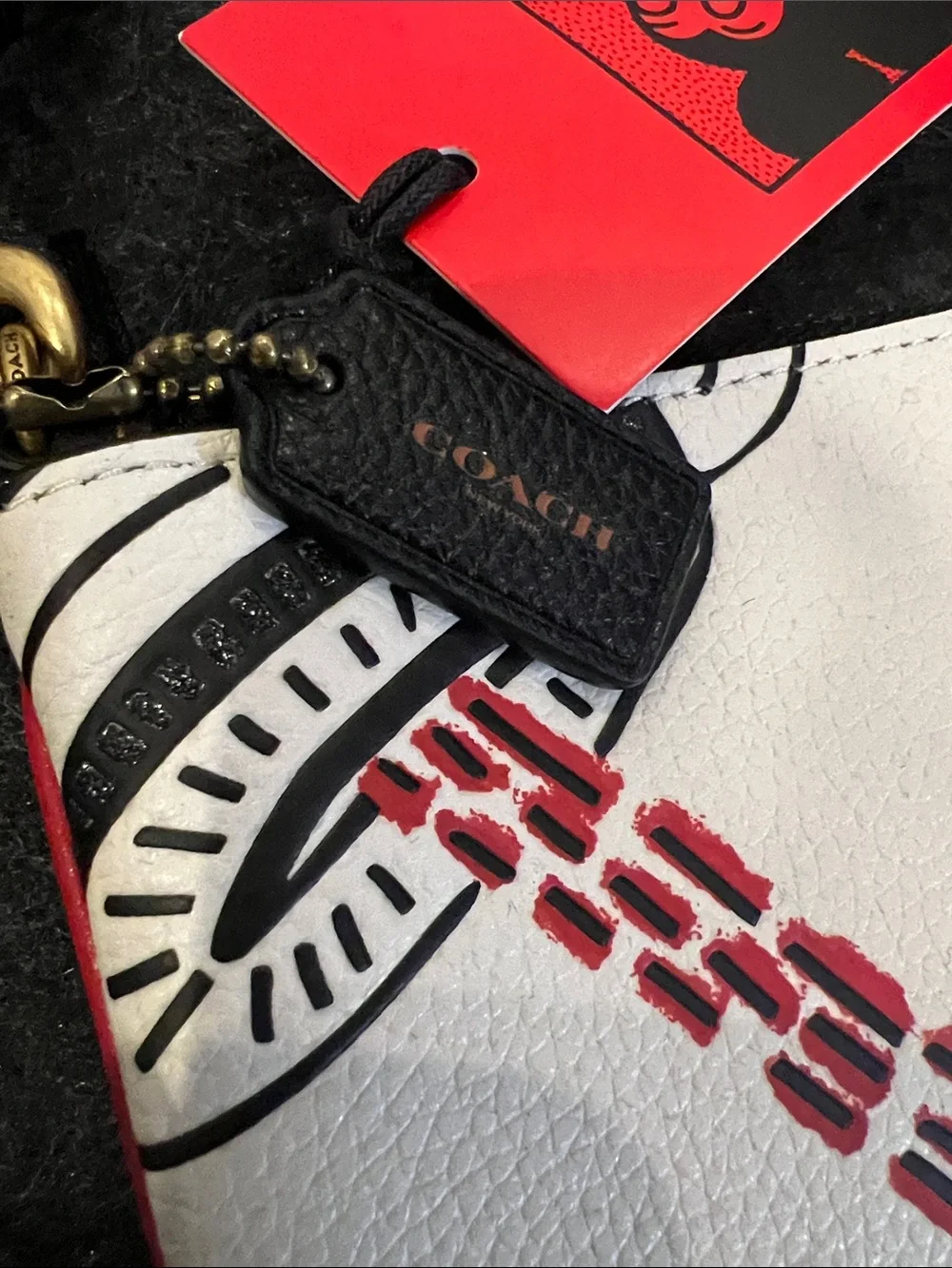 Coach White Leather Mickey Mouse Wristlet with Red and Black Kieth Haring NWT